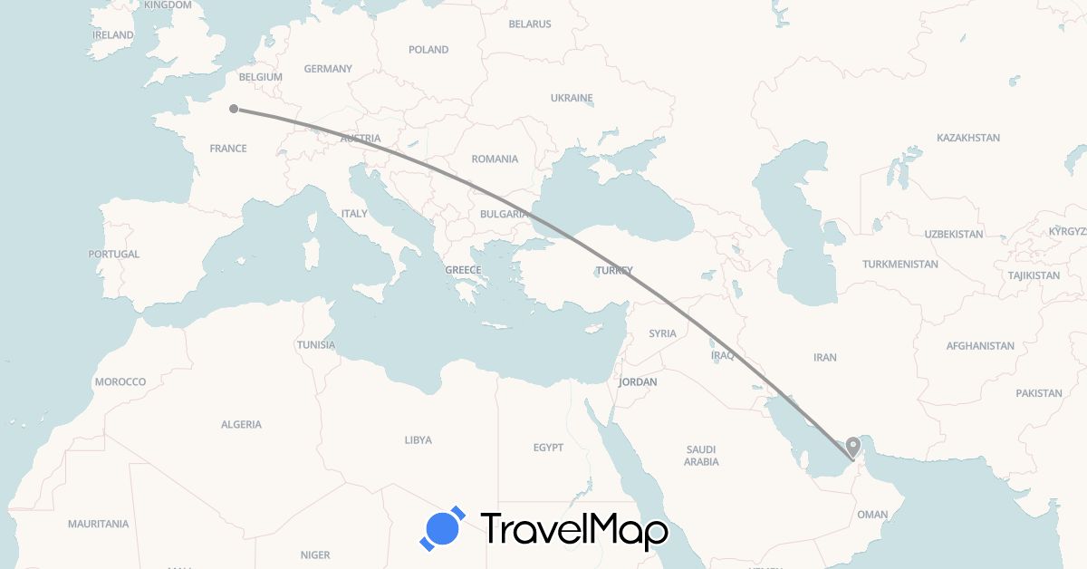 TravelMap itinerary: driving, plane in United Arab Emirates, France (Asia, Europe)